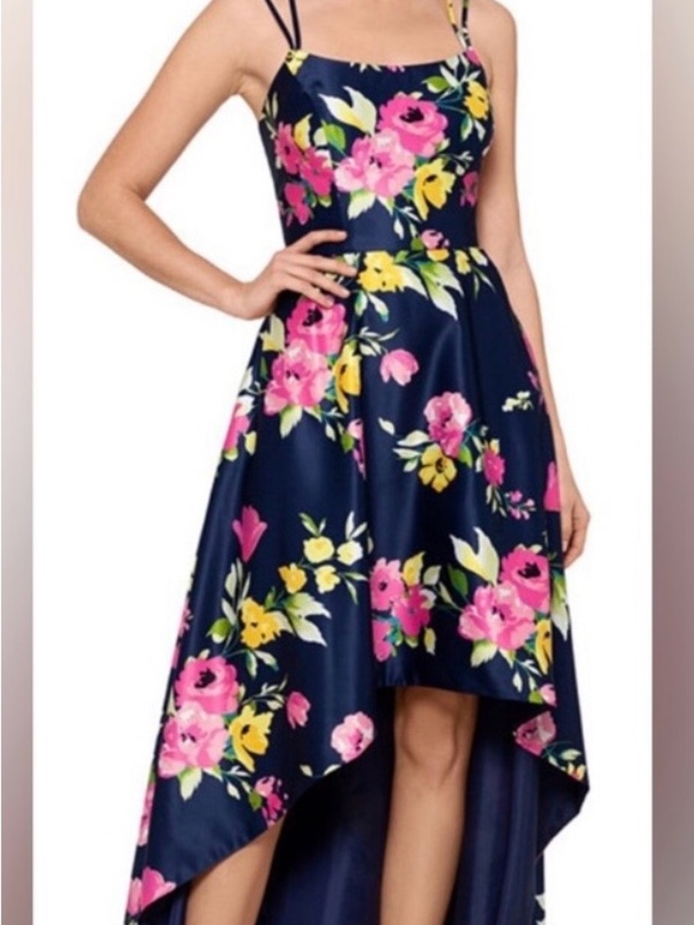 Floral High-Low Navy Dress with Pink & Yellow Bloom size 14
